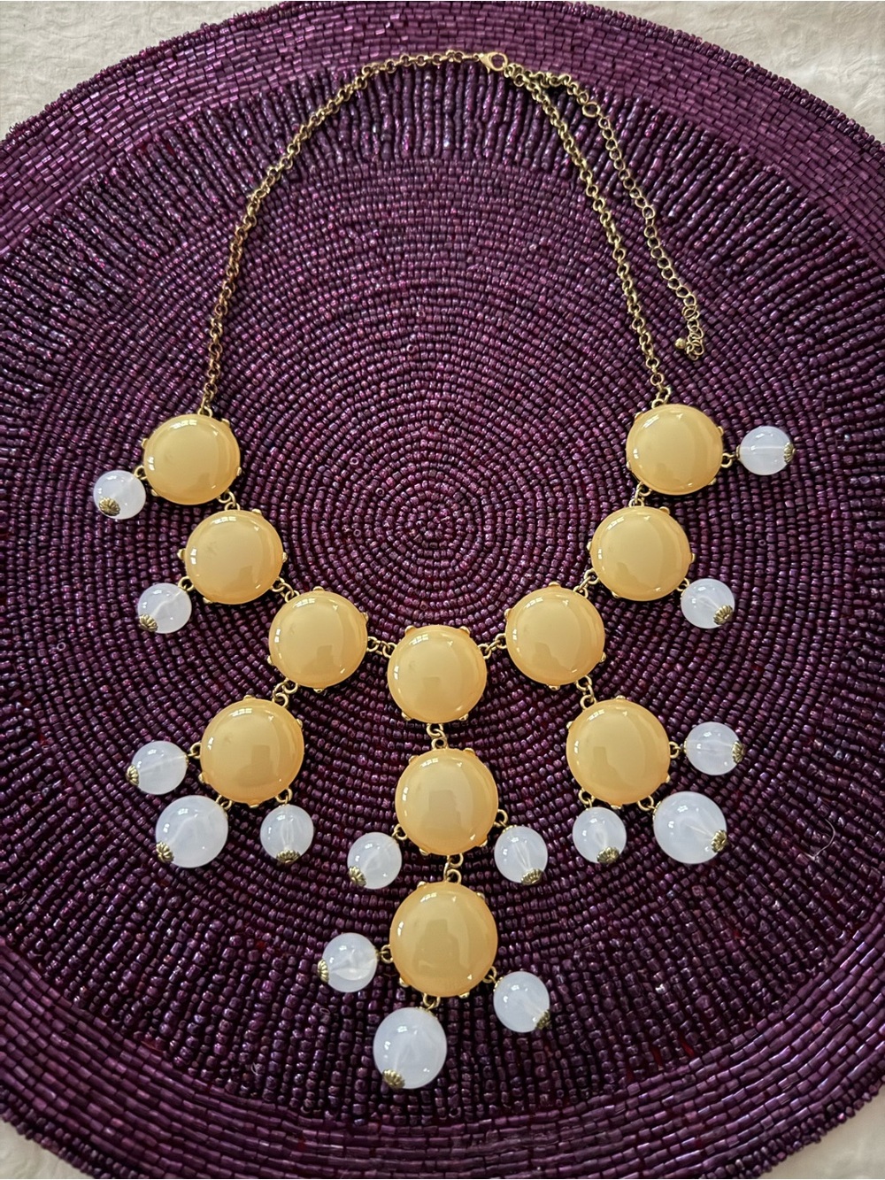 Unsigned Yellow Statement Bib Necklace with White Accent Beads